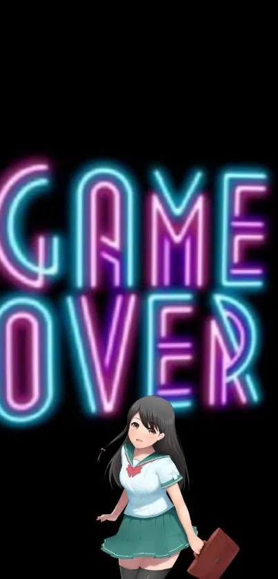 Vibrant neon 'Game Over' text with anime character on black background.