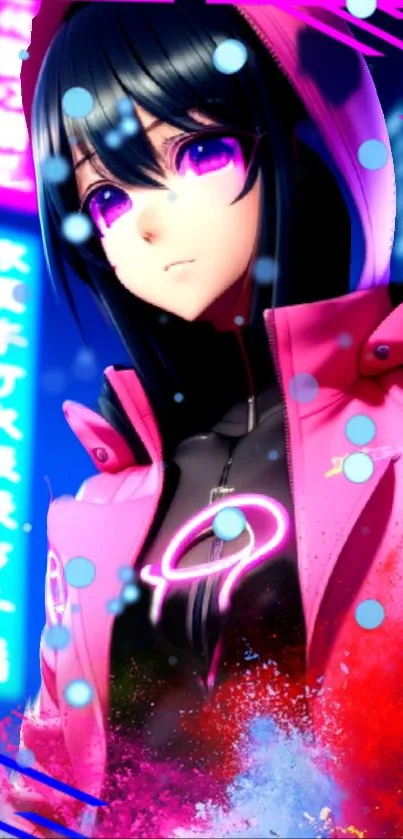 Anime girl in neon pink and purple, futuristic style.