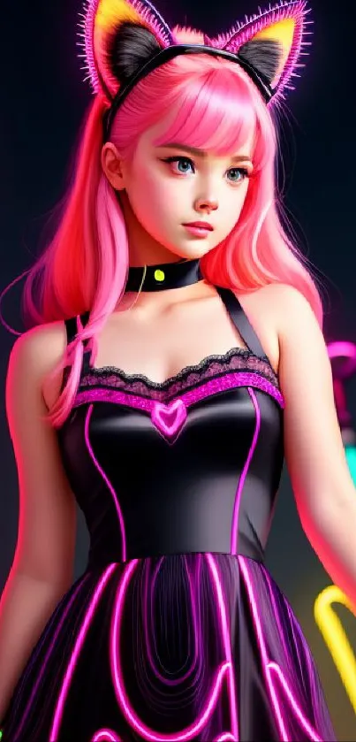 Anime girl with pink hair and neon background.