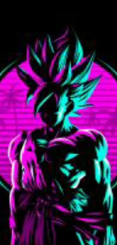 Neon anime warrior with pink and teal hues on black background.