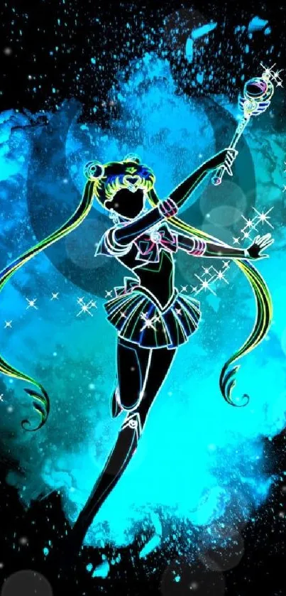 Neon anime magical girl amidst blue cosmic background with stars.