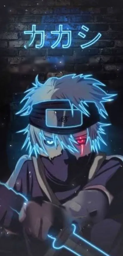 Neon anime ninja with glowing blue effects in a dark scene.