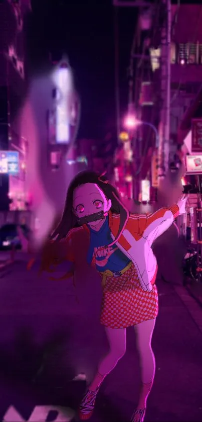 Anime character in neon-lit street wallpaper.