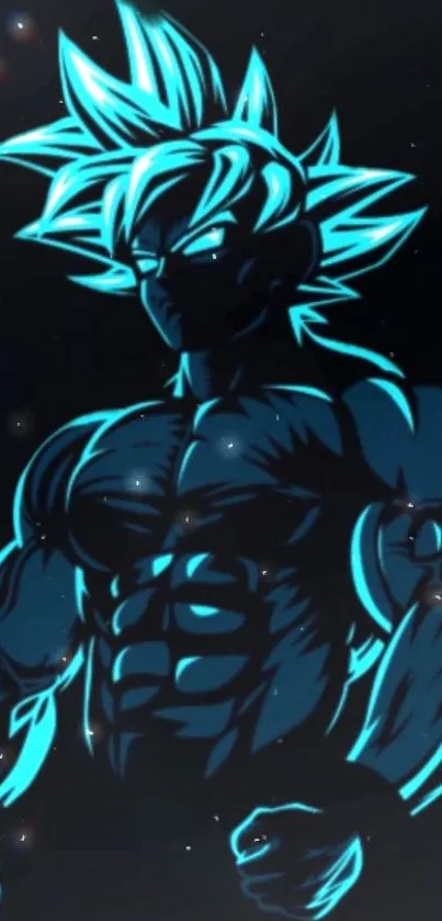 Neon blue anime warrior silhouette on dark background.