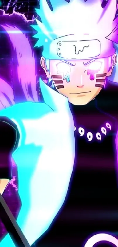 Neon anime warrior with luminescent hues and intense design for mobile wallpaper.