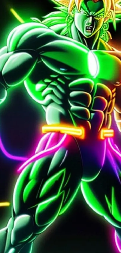 A vibrant neon anime warrior set against a dynamic colorful background.