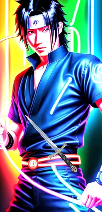 Anime character in neon lights with a sword, in vibrant, dynamic colors.