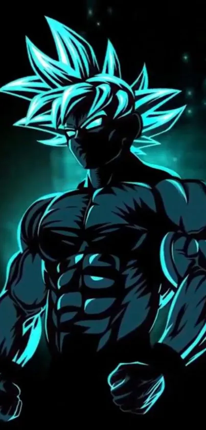 Neon anime warrior with muscular silhouette glowing in teal.