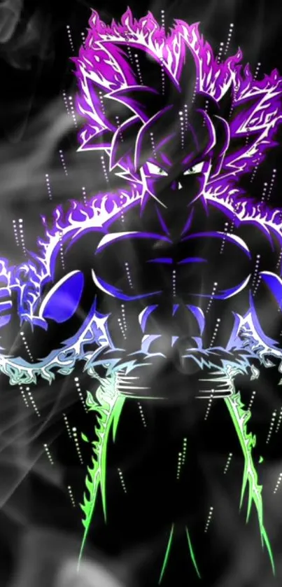 Anime warrior with neon outlines and aura in black and purple.