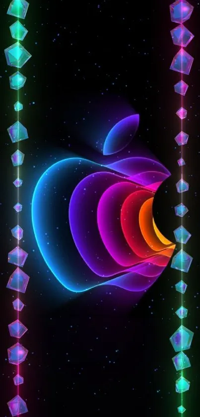 Neon Apple logo on a black background, perfect for mobile wallpaper.