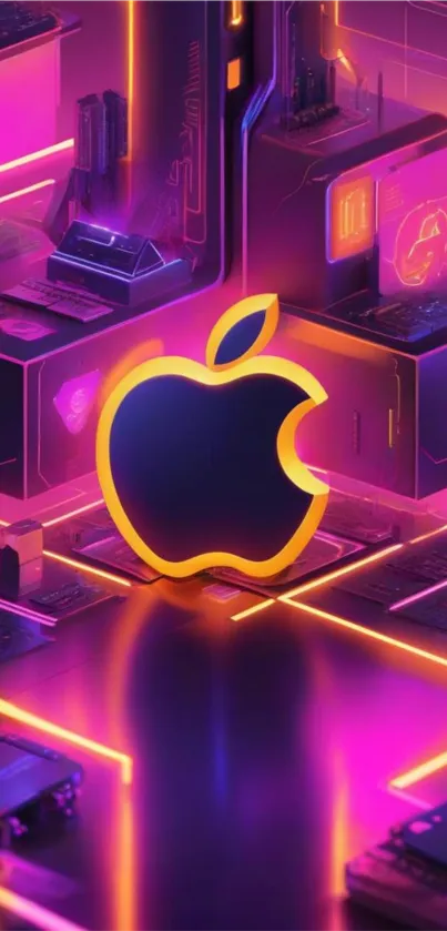 Vibrant neon Apple logo with tech design.