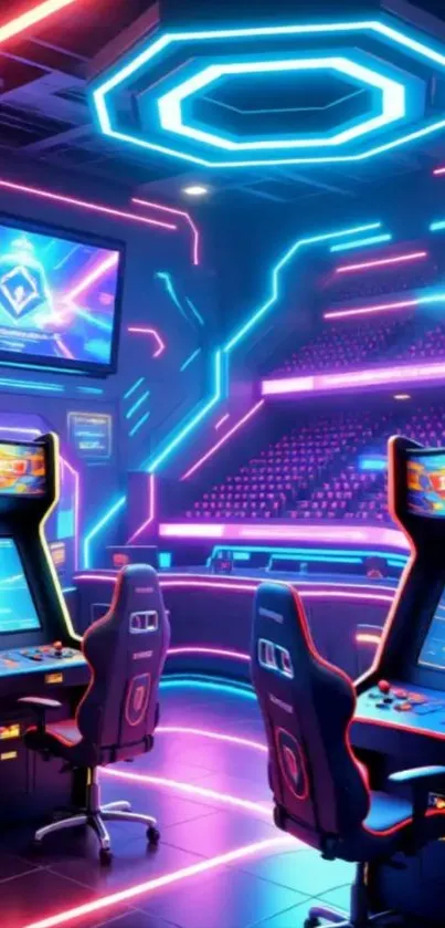 Neon arcade gaming setup with vibrant lights.