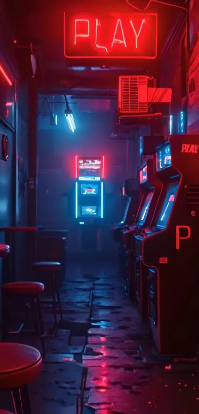 Neon-lit arcade with vintage gaming machines and vibrant colors.