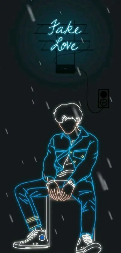 Neon art mobile wallpaper featuring 'Fake Love' text and seated figure.