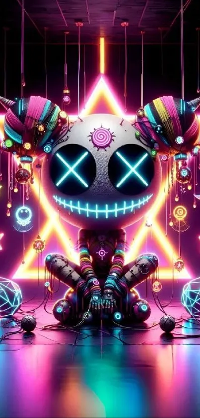 Vibrant neon fantasy-themed mobile wallpaper with glowing elements.