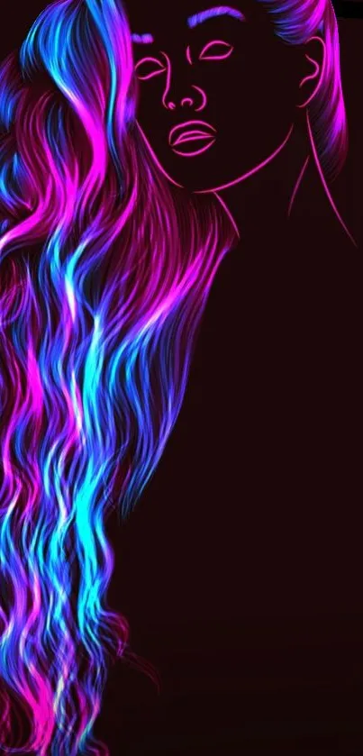 Neon art of a female with vibrant, colorful flowing hair on a dark background.