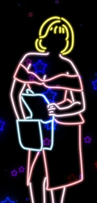 Colorful neon line art of a stylish figure with glowing stars.