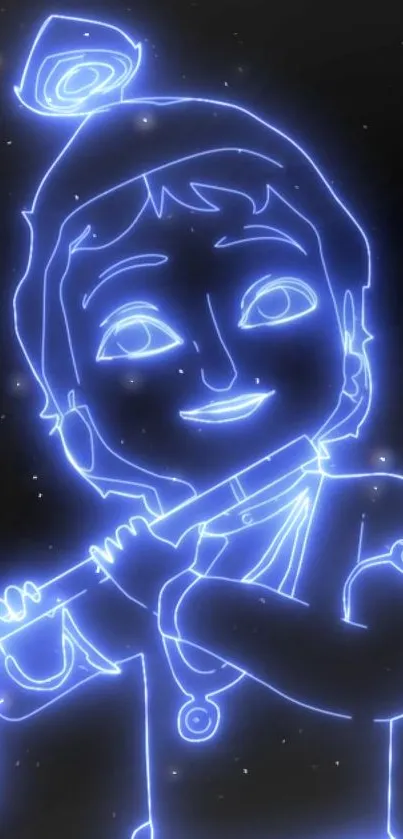 Neon outline of Krishna with a blue cosmic background.