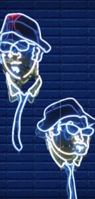 Two neon figures on a dark blue background.