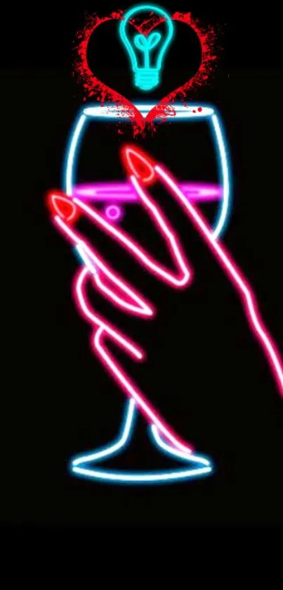 Neon hand holding wine glass with heart and light bulb.