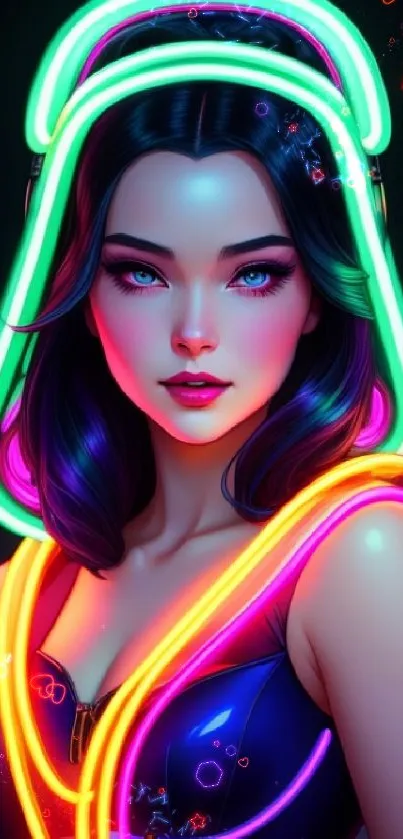 Vibrant neon character art on phone wallpaper.