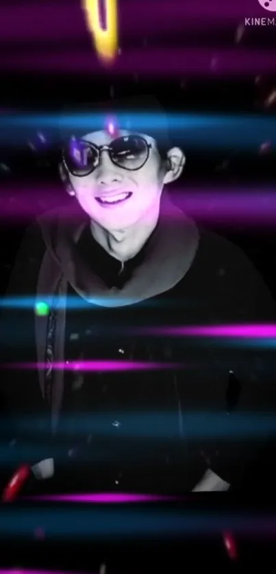 Neon portrait with glowing color streaks and eyewear, artistic design.