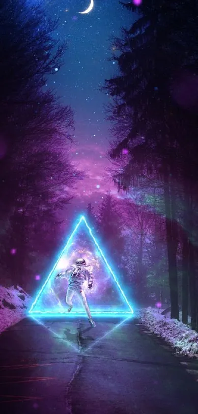 Neon astronaut with glowing triangle in mystical forest landscape.