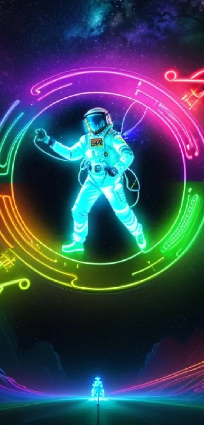 Neon astronaut in a vibrant space-themed mobile wallpaper.