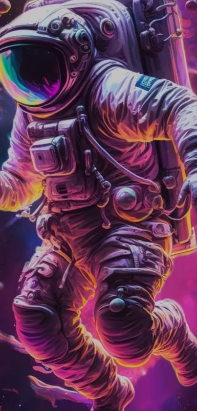 Vibrant neon astronaut in space wallpaper