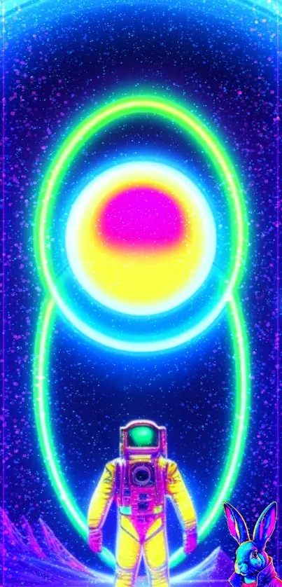 Neon artwork of an astronaut gazing at a vibrant, glowing planet in space.