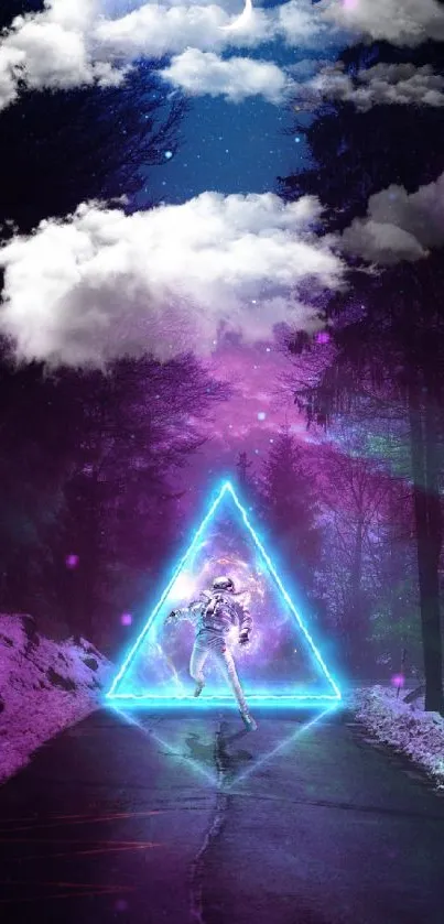 Neon triangle and astronaut under a starry sky wallpaper.