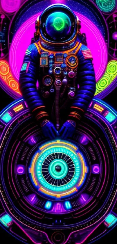 Neon astronaut surrounded by vibrant cosmic designs on a mobile wallpaper.