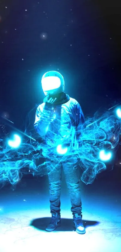 Futuristic neon astronaut with glowing orbs art wallpaper.