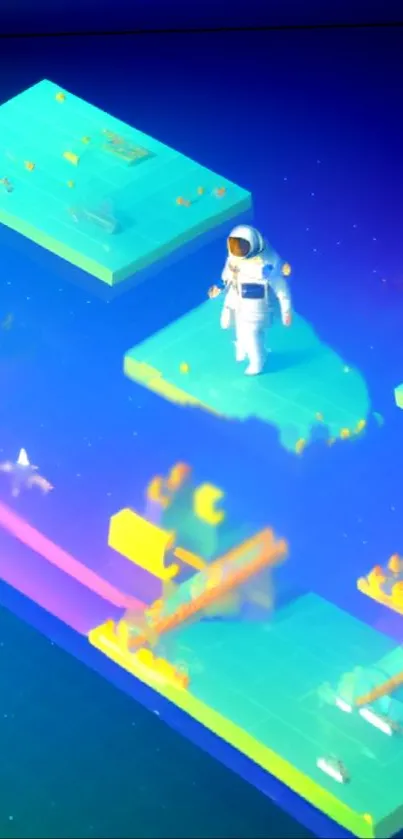 A neon-themed digital artwork with an astronaut exploring futuristic platforms.