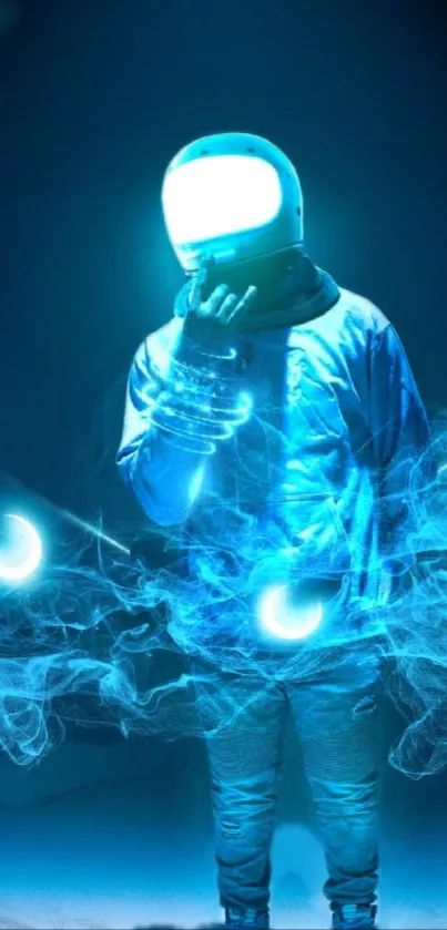 Neon astronaut with glowing effects in digital wallpaper.