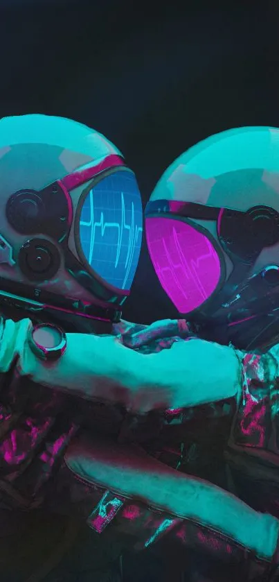 Two astronauts embrace in neon-lit futuristic art.