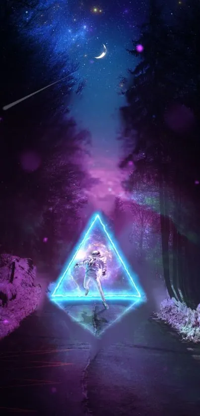 Neon astronaut in a purple galaxy forest.