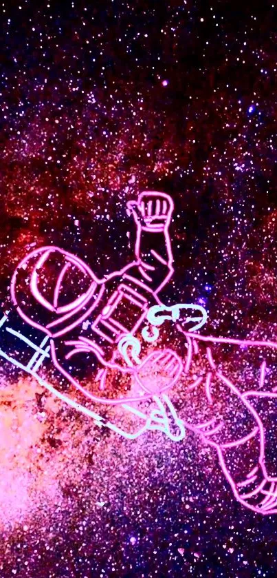 Neon astronaut floating in galaxy, vivid starry background.