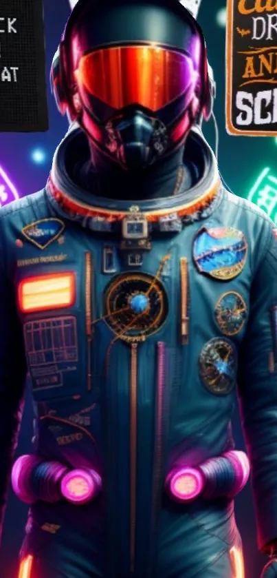 Futuristic neon astronaut with Halloween signs glowing in vibrant colors.