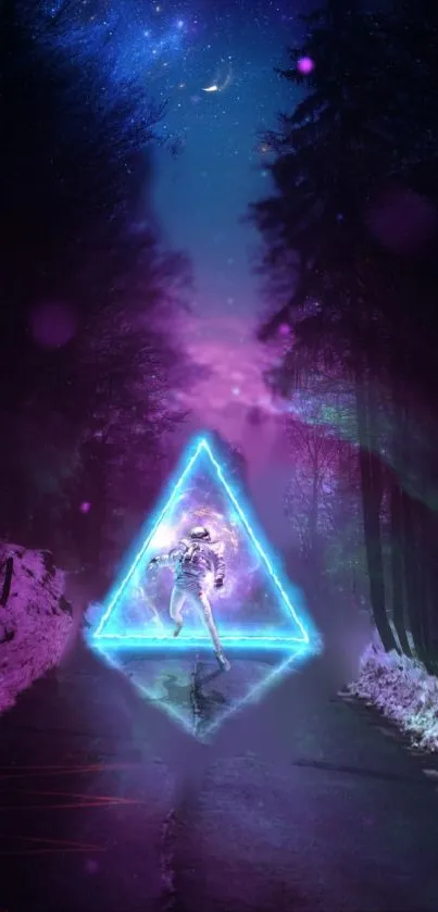 Neon-lit astronaut stepping through a glowing triangle in a cosmic forest scene.