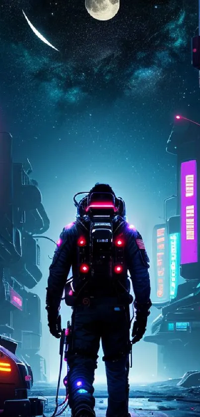 Astronaut walking in neon-lit cyber city at night.