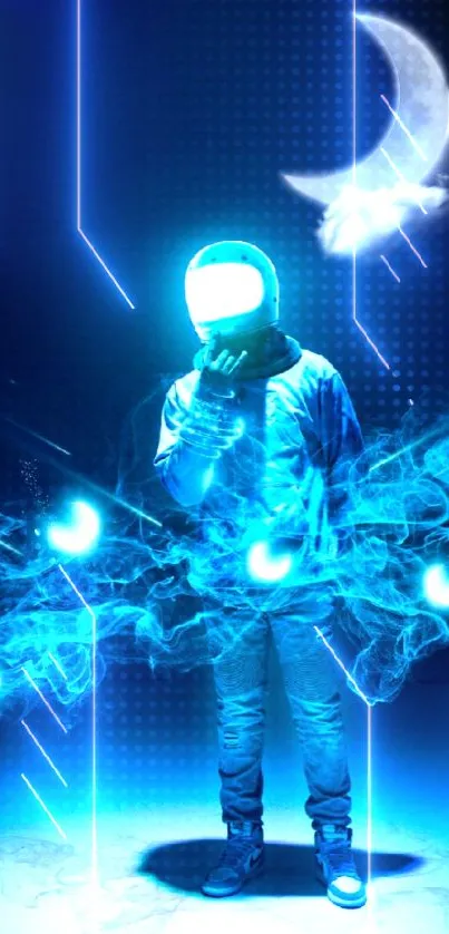 Neon astronaut with blue aura and crescent moon.