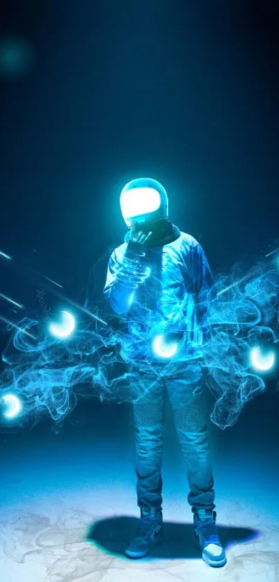 Neon blue astronaut in a sci-fi dreamscape with glowing effects.