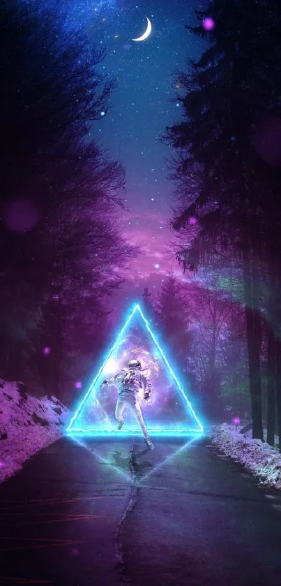 Neon astronaut in a mystical purple forest with a glowing triangle portal.