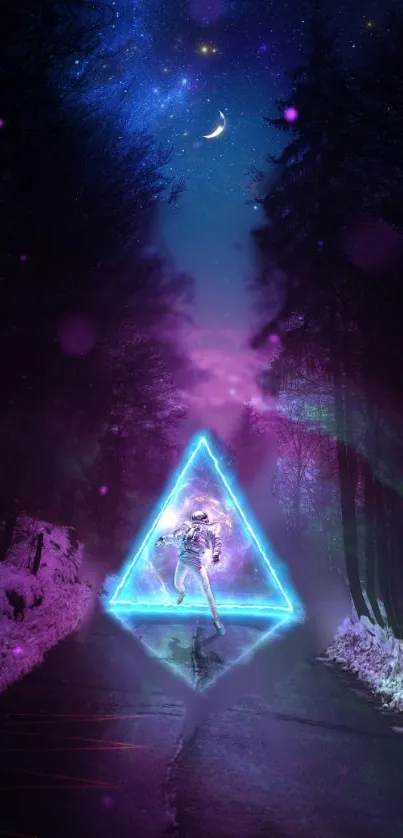 Astronaut in a neon triangle surrounded by a mystical forest under a starry sky.