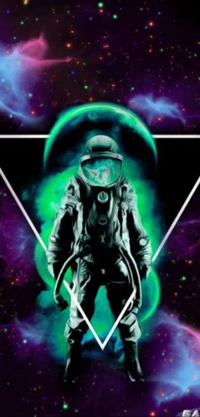 Neon astronaut against a cosmic space scene with colorful nebulas.