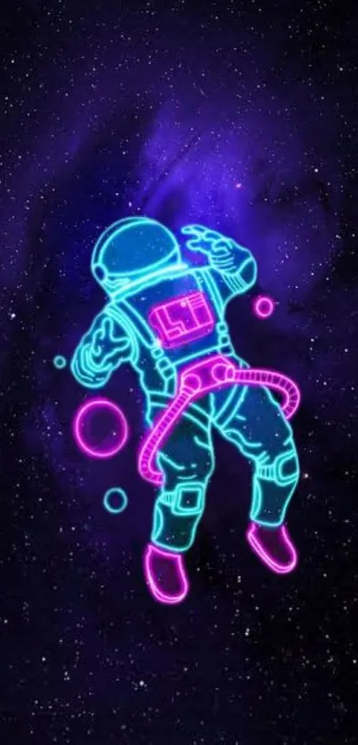 Neon astronaut floating in space with a vibrant purple backdrop.