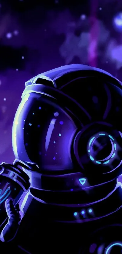 Neon astronaut with vibrant space background holding a futuristic object.