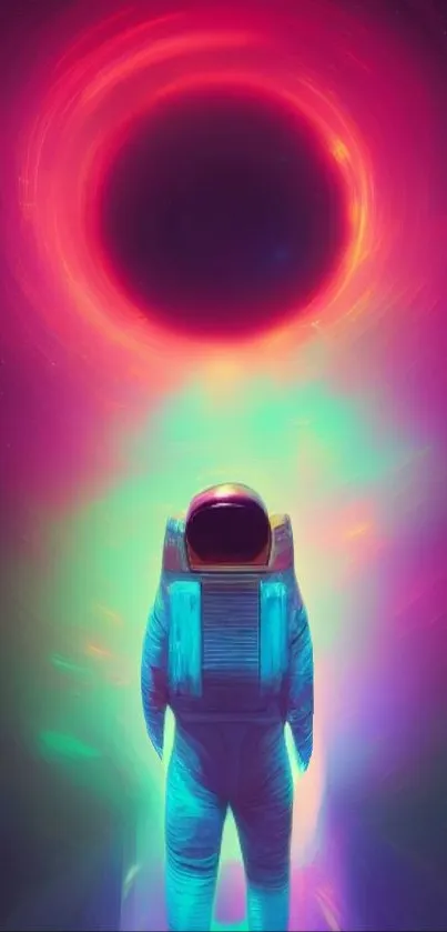 Neon astronaut facing a glowing cosmic vortex in space.