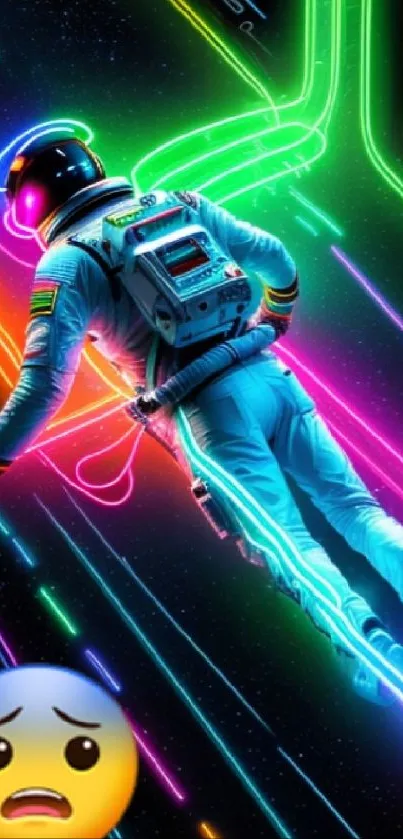 Neon astronaut floating through space wallpaper with vibrant colors.